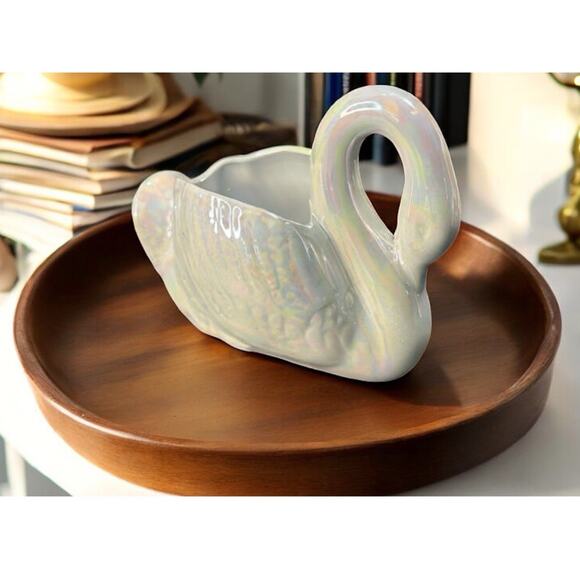 Vintage Cerami Off White blueish iridescent Swan Planter/trinet Vase 5.5 X 4 - Picture 1 of 9